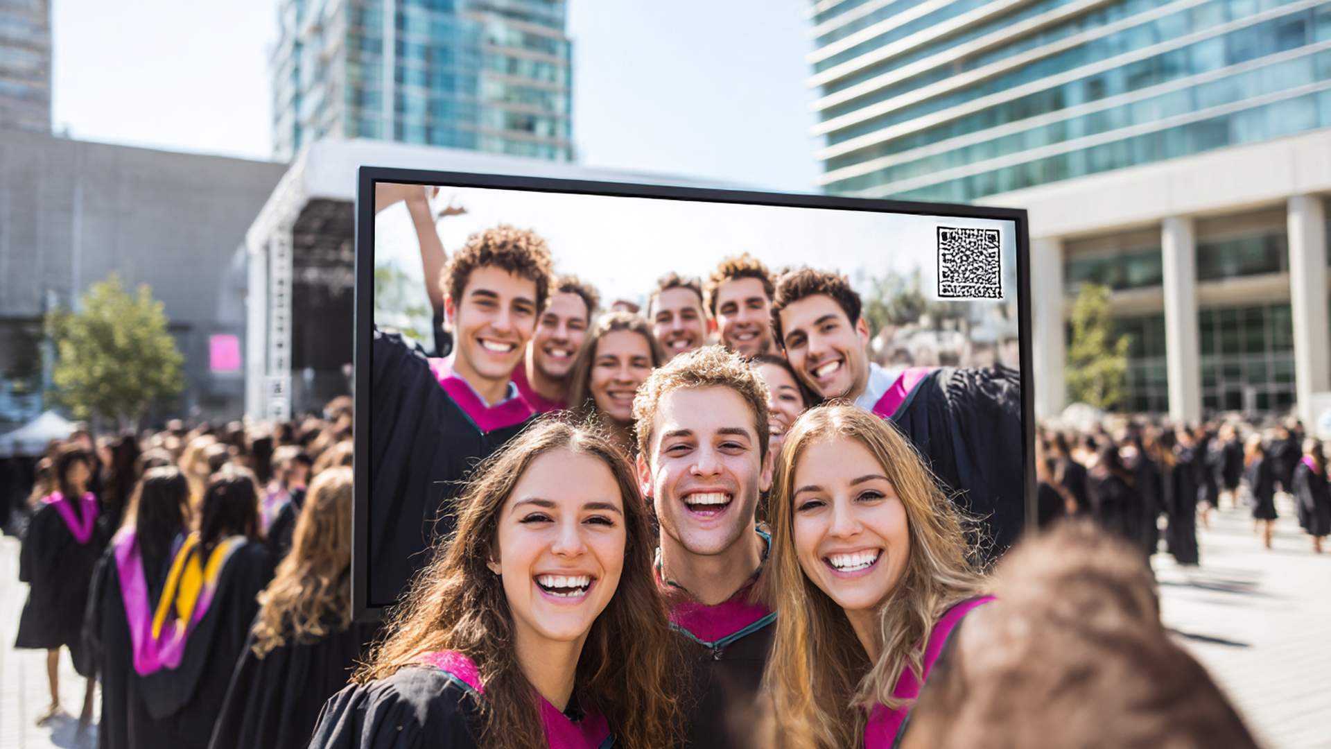 Students contributing photos and messages via QR code at a graduation event